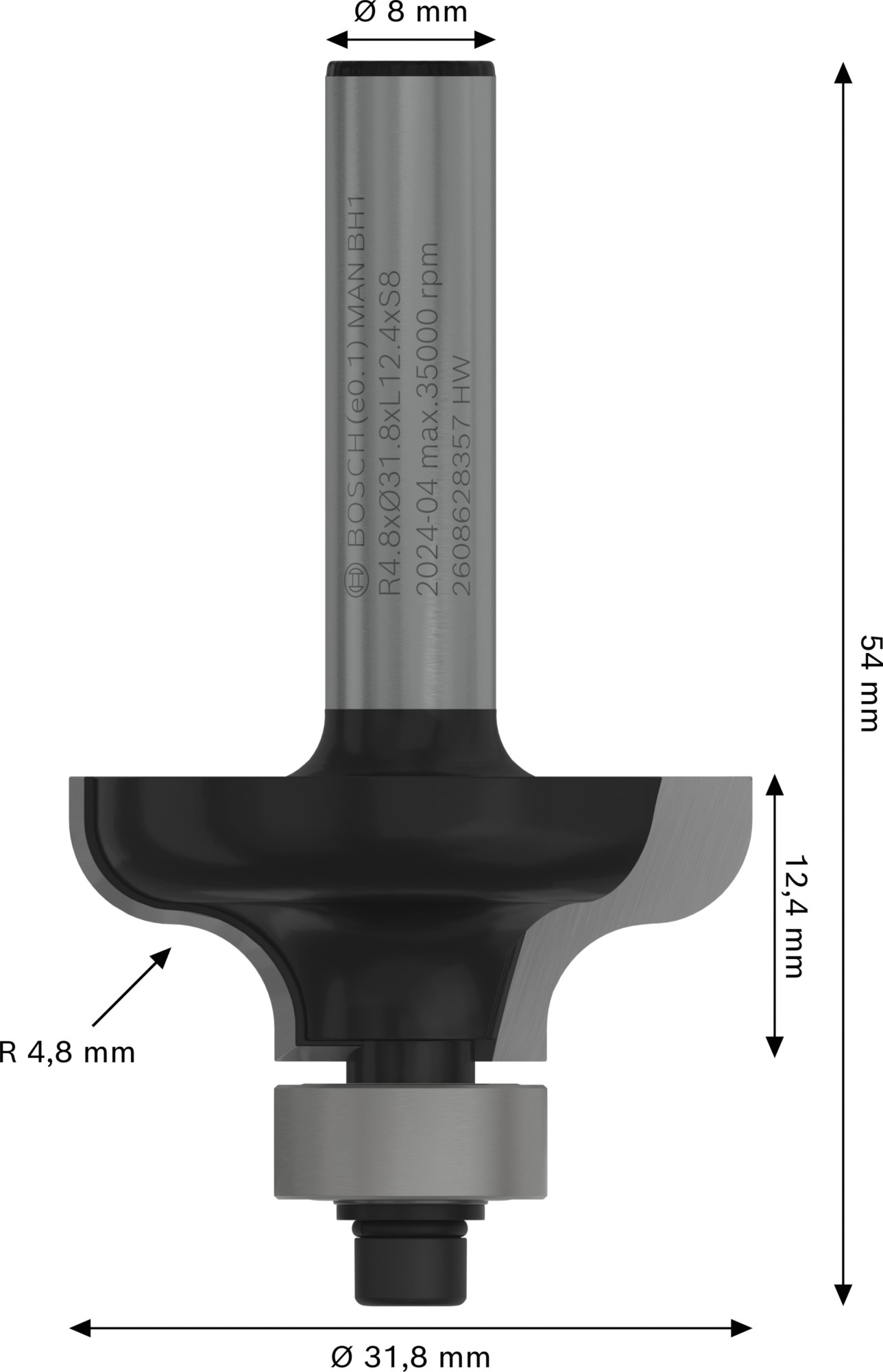 Broca fresadora PRO para moldura de filete, R 4,8, vástago de 8 mm