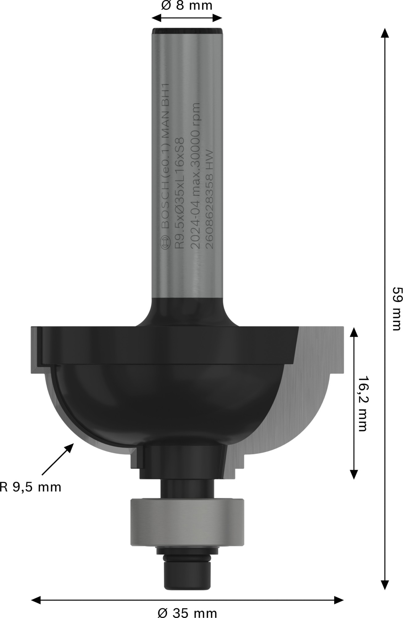 Broca fresadora PRO para moldura cóncava clásica, R 9,5, vástago de 8 mm