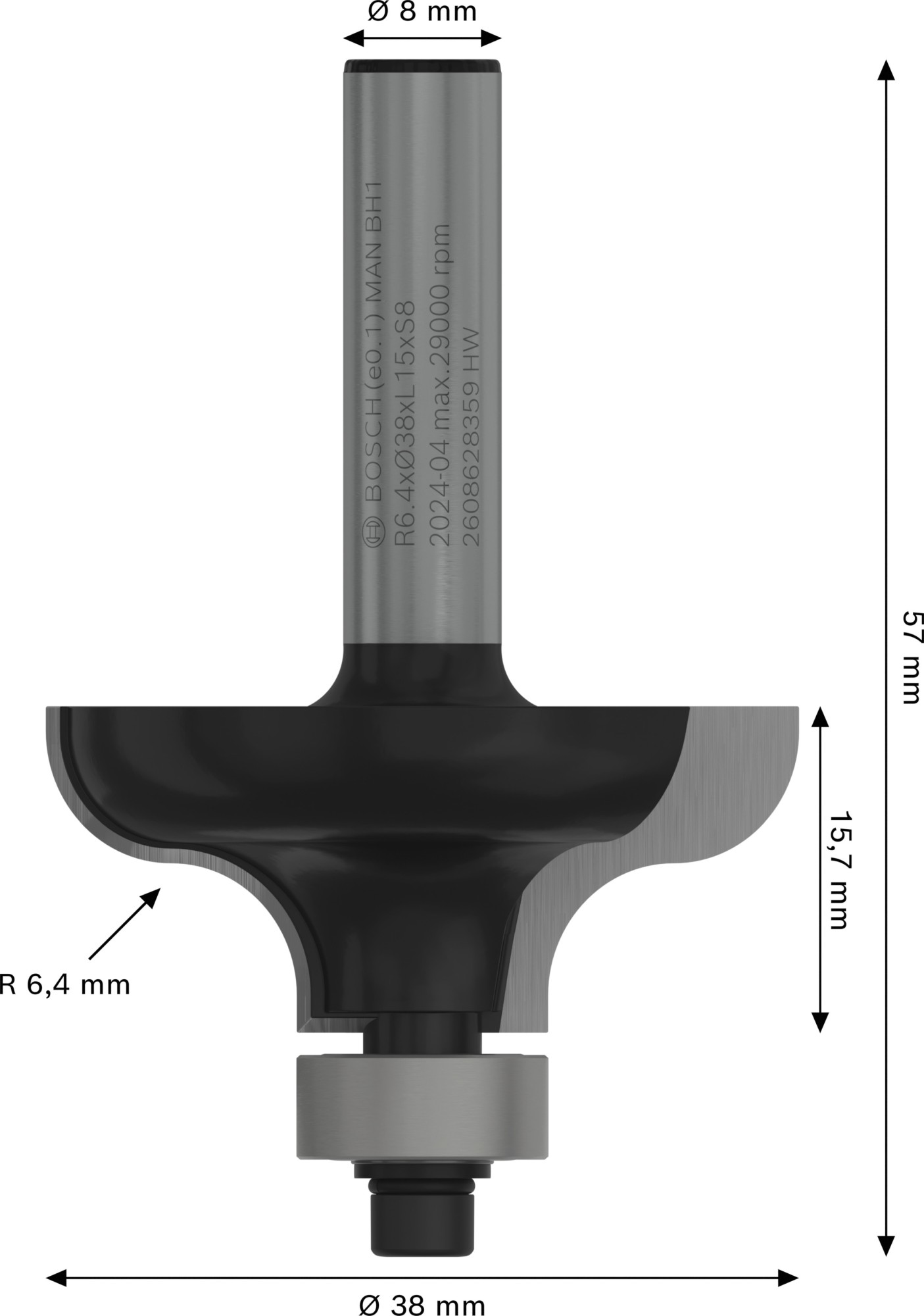 Broca fresadora PRO para moldura de filete, R 6,4, vástago de 8 mm