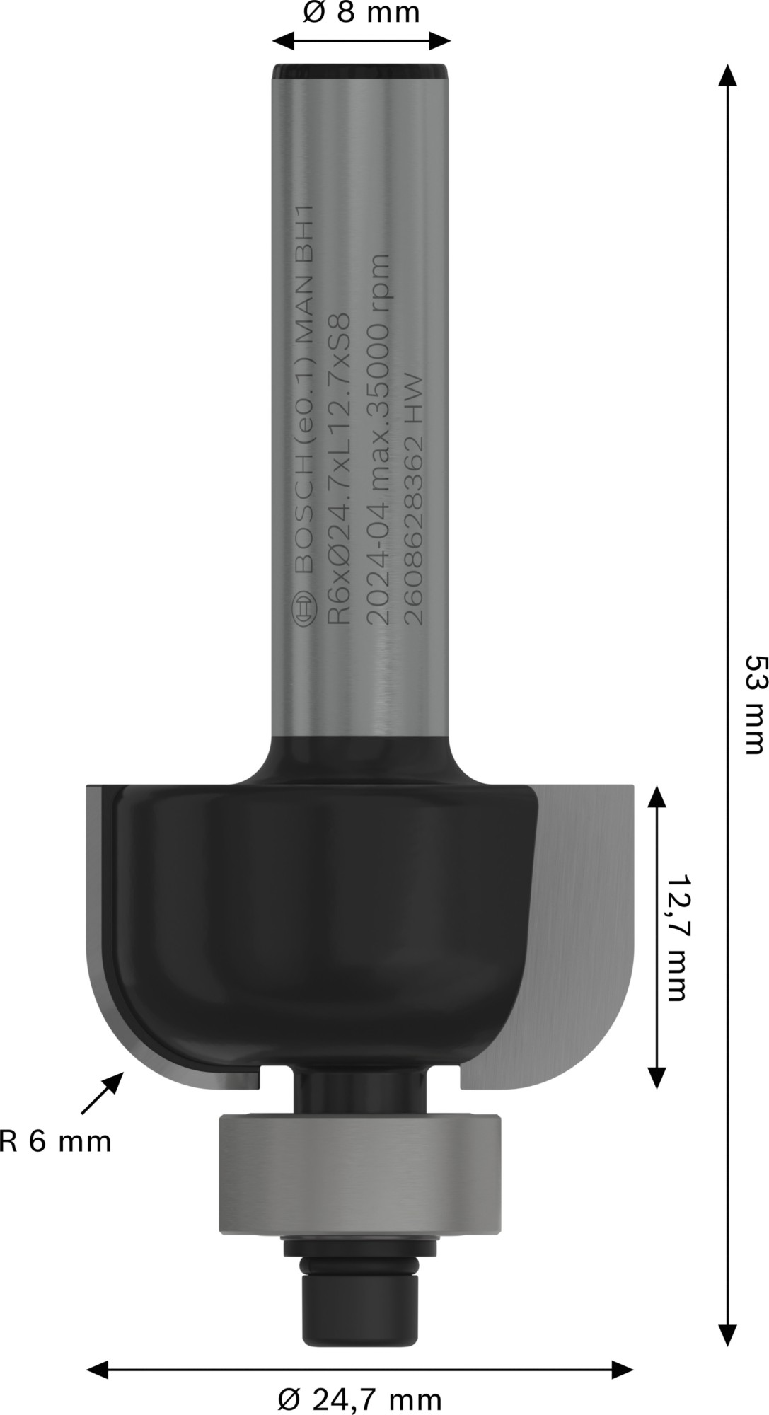 Broca fresadora PRO para moldura cóncava, R 6, vástago de 8 mm