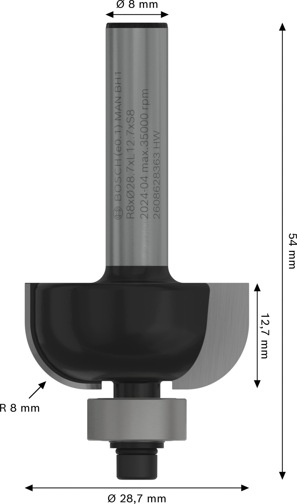 Broca fresadora PRO para moldura cóncava, R 8, vástago de 8 mm