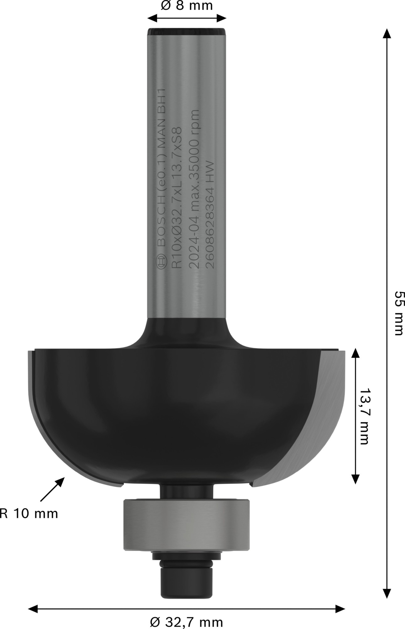 Broca fresadora PRO para moldura cóncava, R 10, vástago de 8 mm