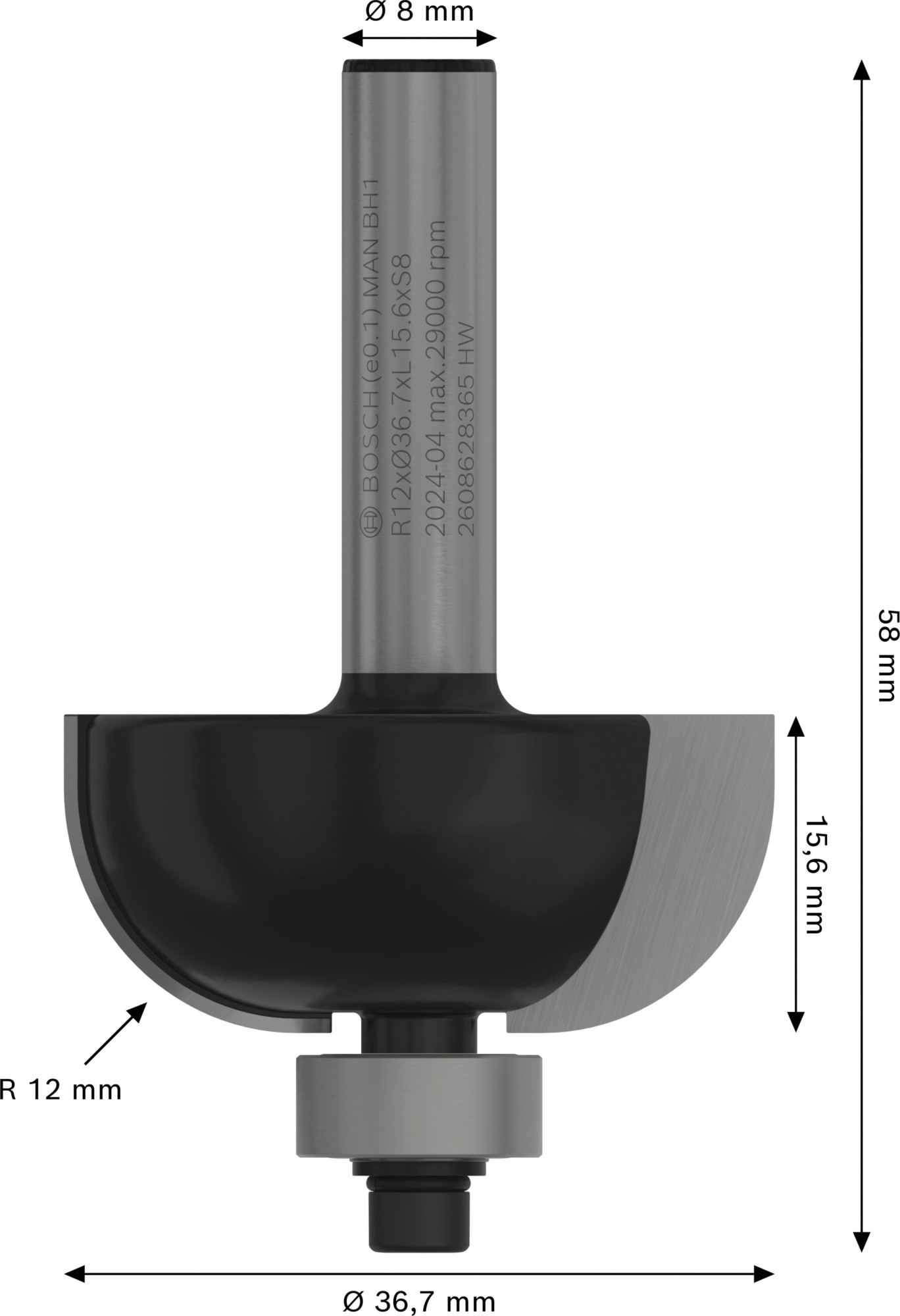 Broca fresadora PRO para moldura cóncava, R 12, vástago de 8 mm