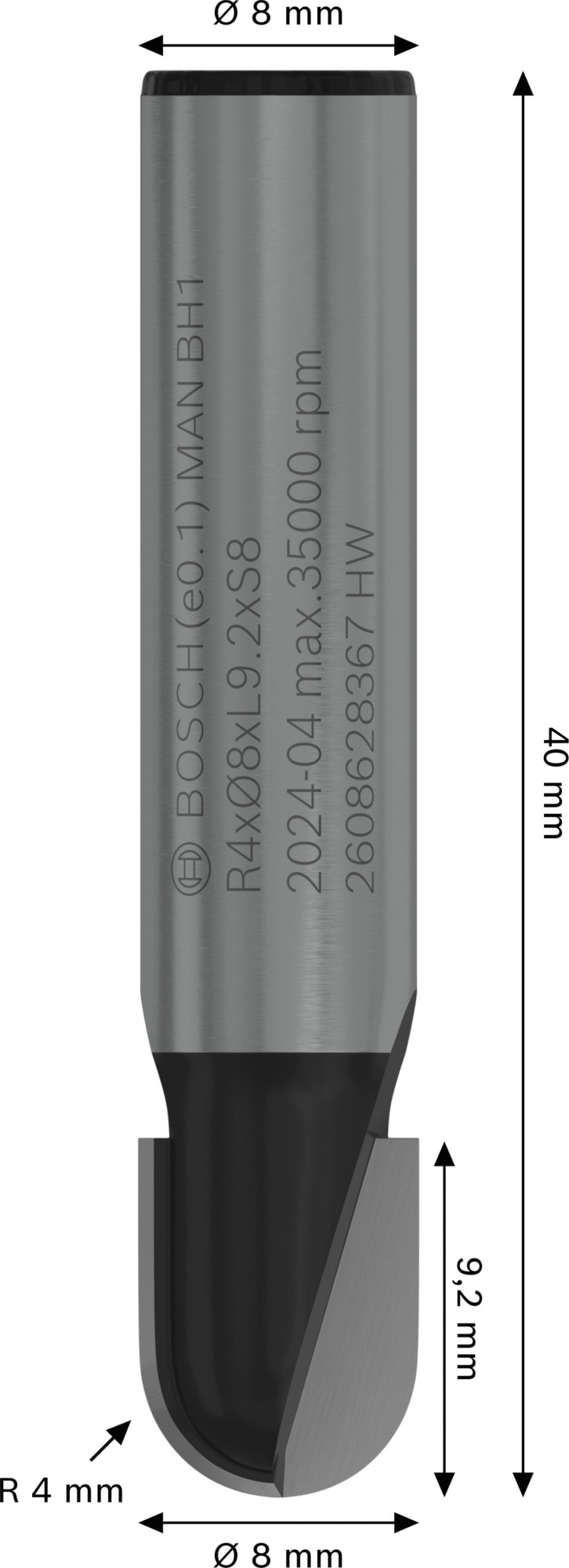 Broca fresadora PRO para molduras de media caña, R 4, vástago de 8 mm
