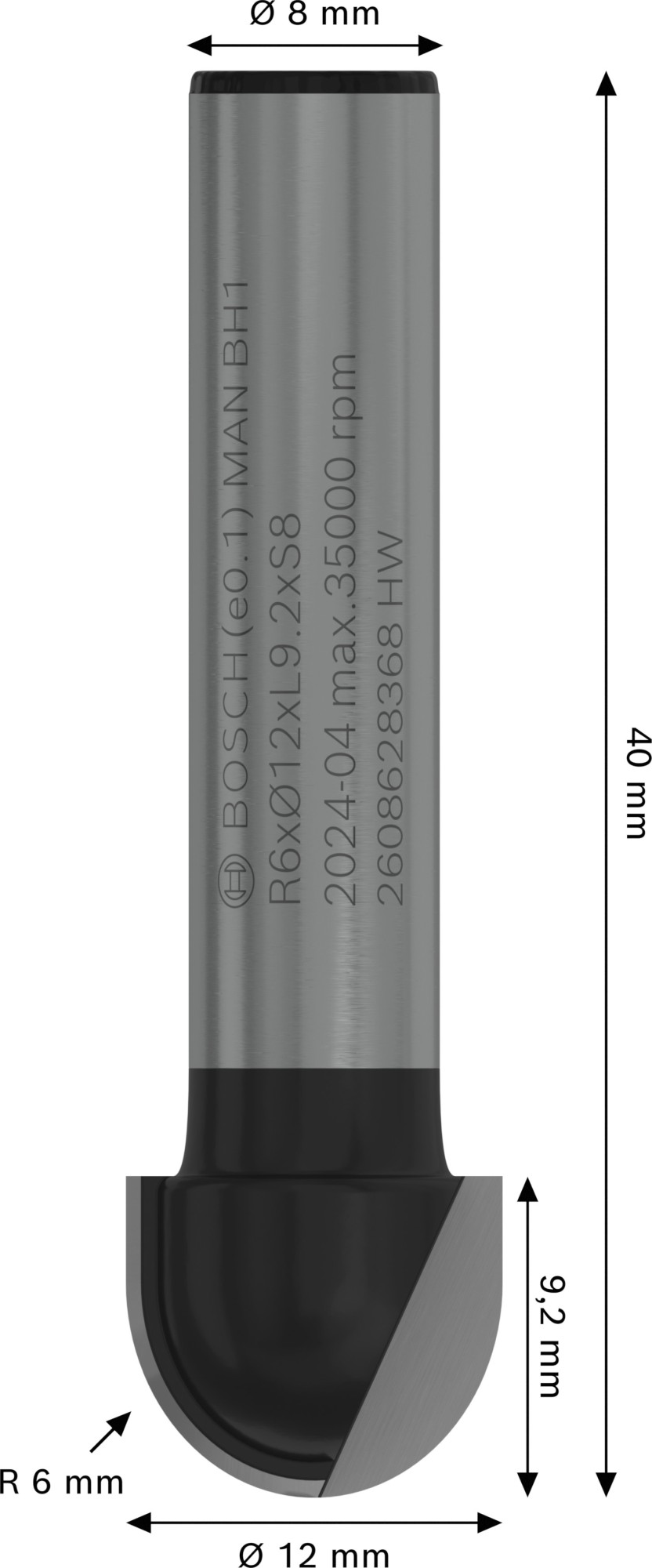 Broca fresadora PRO para molduras de media caña, R 6, vástago de 8 mm