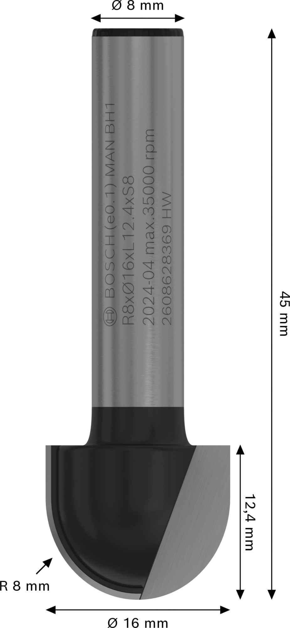 Broca fresadora PRO para molduras de media caña, R 8, vástago de 8 mm