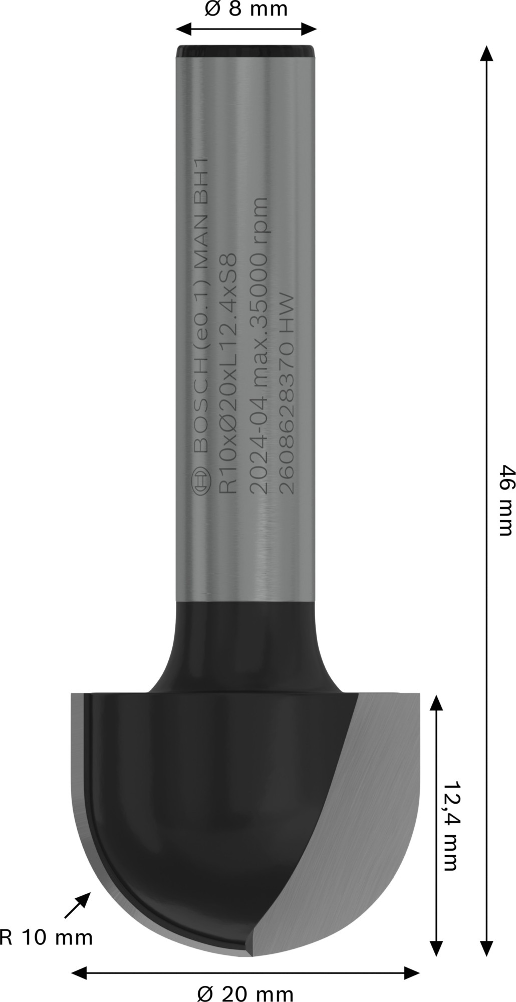 Broca fresadora PRO para molduras de media caña, R 10, vástago de 8 mm