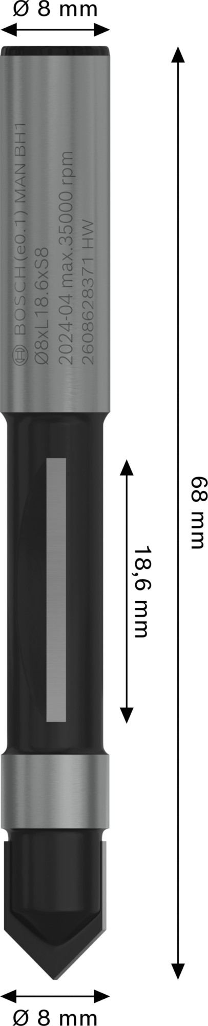 Broca fresadora piloto PRO para paneles, Ø 8 x L 18,6, vástago de 8 mm
