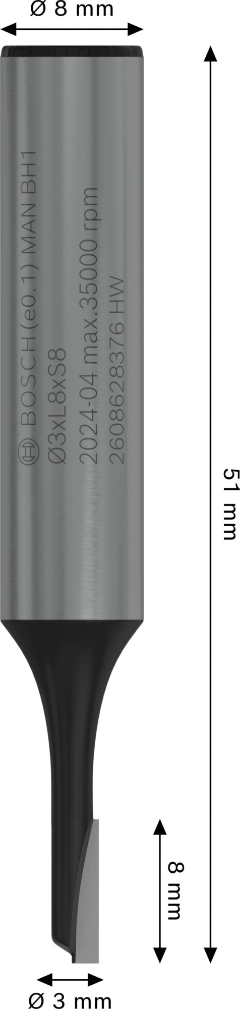 Broca fresadora recta PRO, una acanaladura, Ø 3 x L 8, vástago de 8 mm
