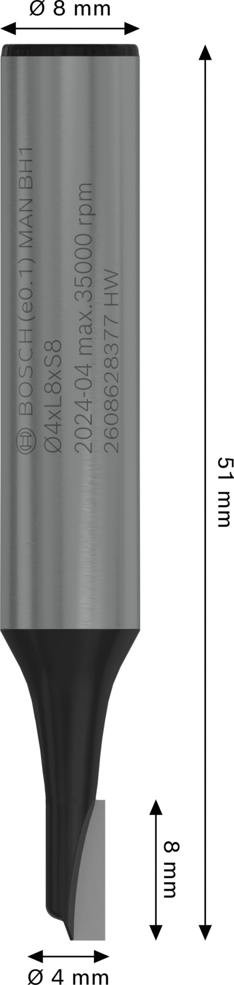 Broca fresadora recta PRO, una acanaladura, Ø 4 x L 8, vástago de 8 mm
