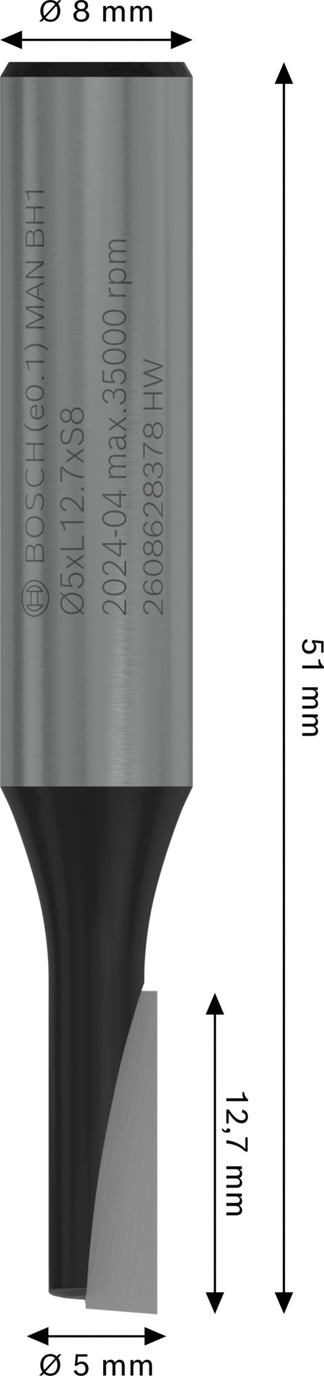 Broca fresadora recta PRO, una acanaladura, Ø 5 x L 12,7, vástago de 8 mm