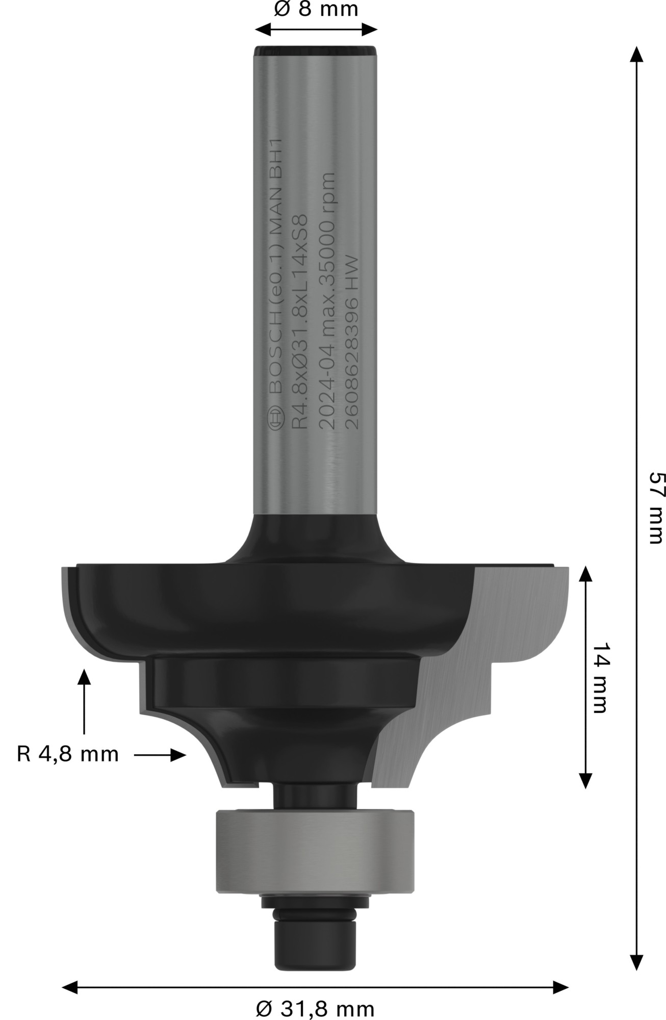 Broca fresadora PRO para moldura clásica, R 4,8, vástago de 8 mm