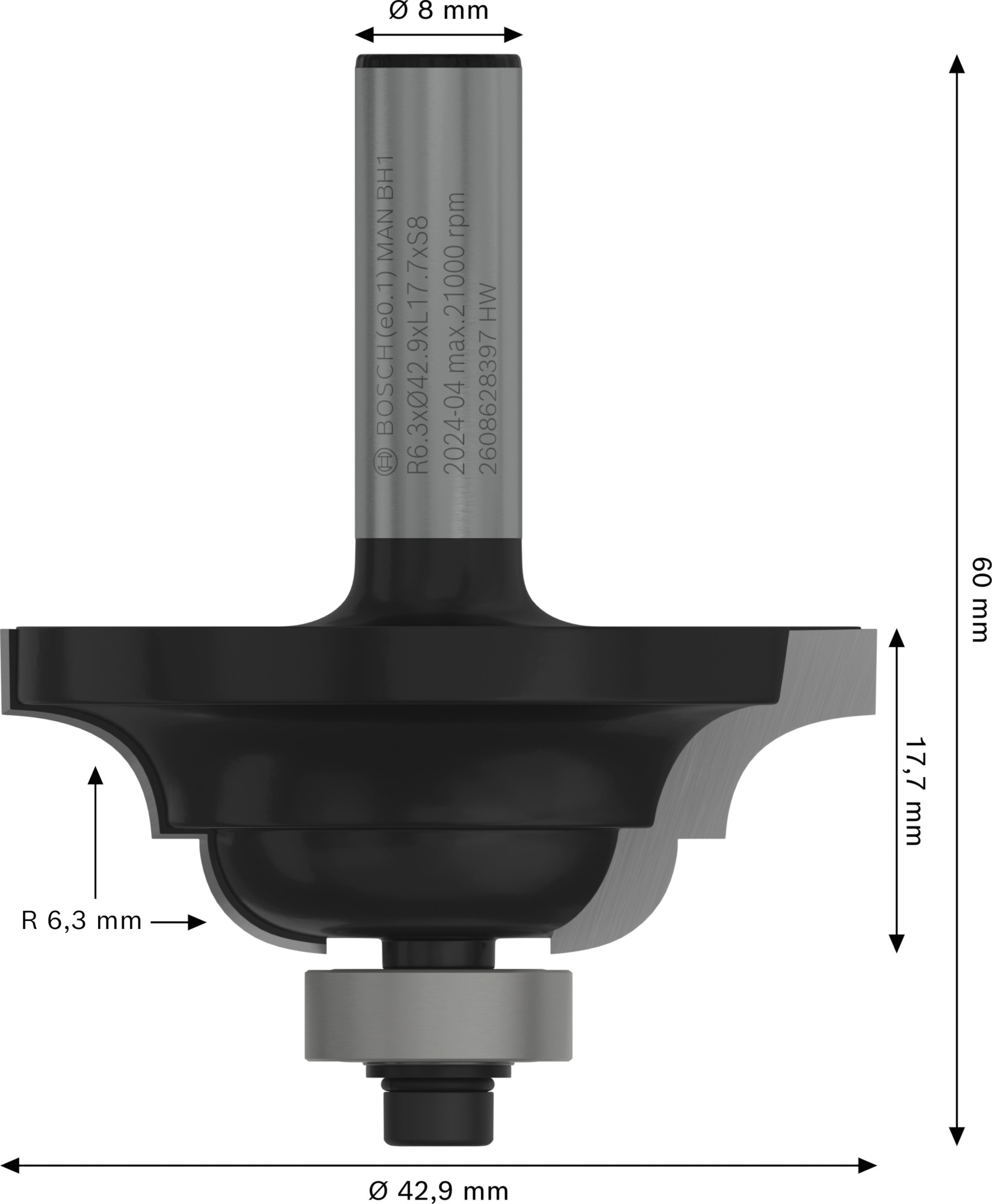 Broca fresadora PRO para moldura y moldura cóncava, R 6,3, vástago de 8 mm