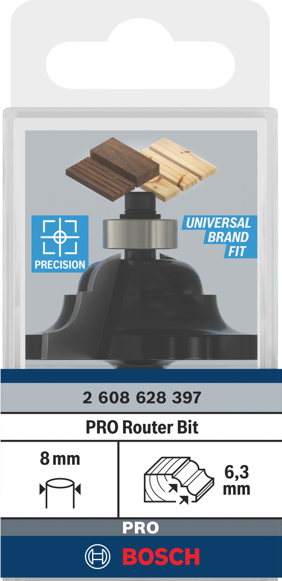 Broca fresadora PRO para moldura y moldura cóncava, R 6,3, vástago de 8 mm