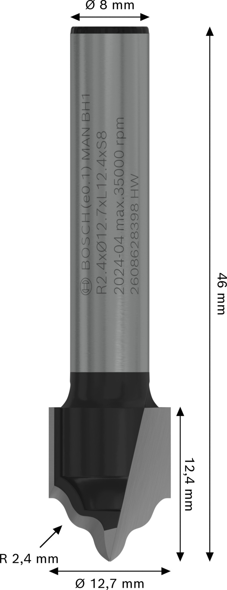 Broca fresadora PRO para ranura de moldura cóncava y cordón R 2,4, vástago de 8 mm