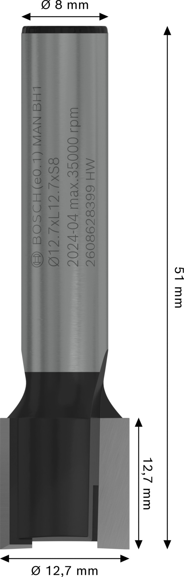 Broca fresadora para crear cajas (cavidades) PRO, Ø 12,7 x L 12,7, vástago de 8 mm
