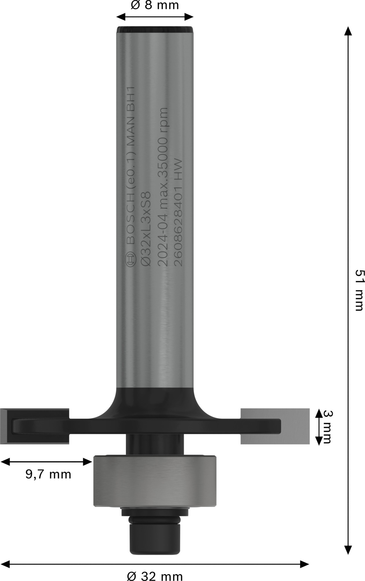 Broca fresadora para ranuras PRO, L 3, vástago de 8 mm