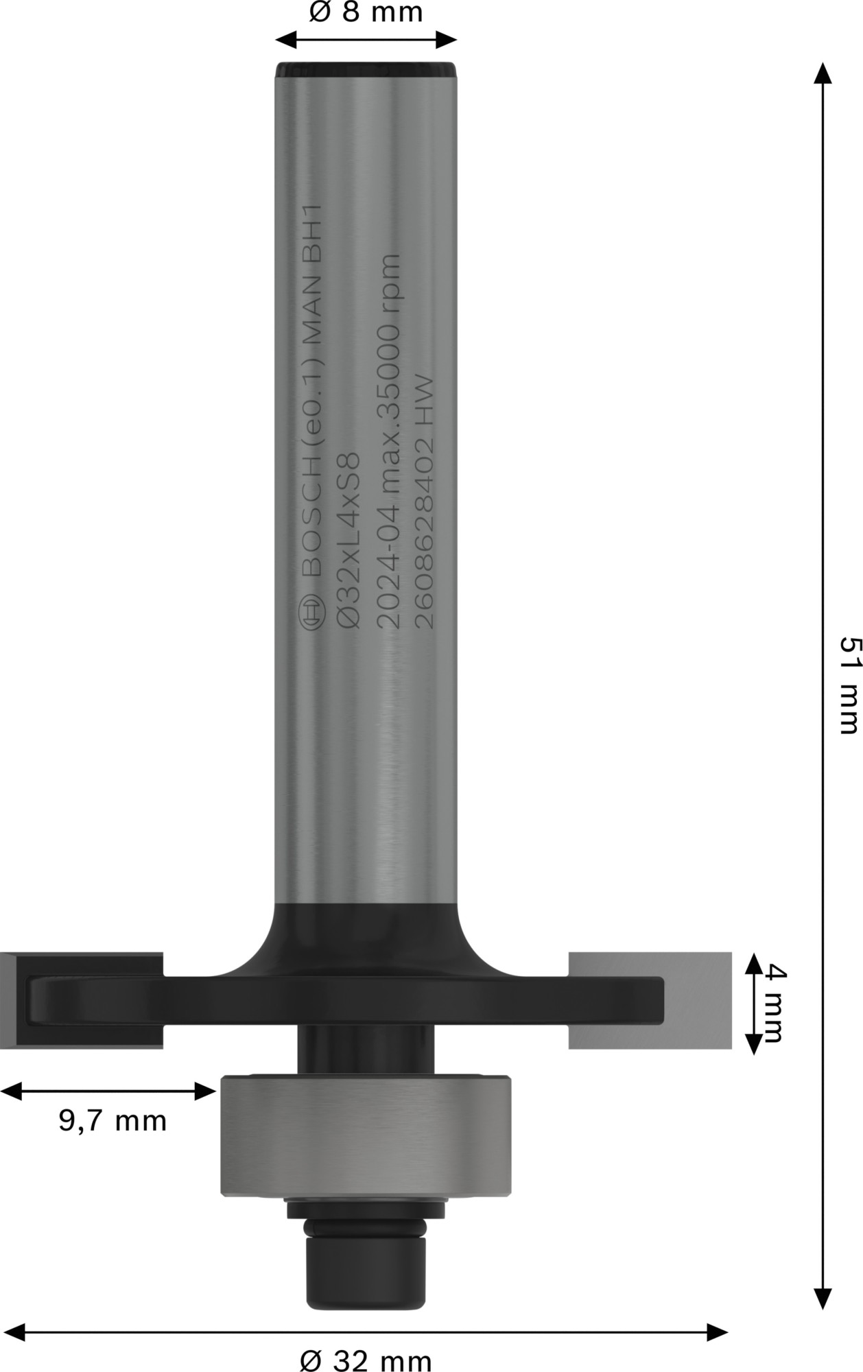 Broca fresadora para ranuras PRO, L 4, vástago de 8 mm