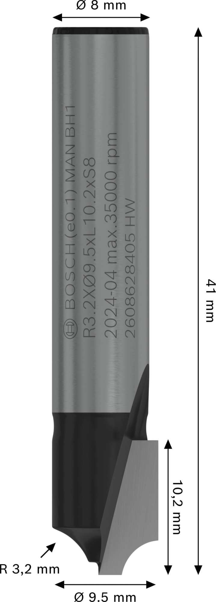 Broca fresadora para molduras PRO, R 3,2 x Ø 9,5, vástago de 8 mm