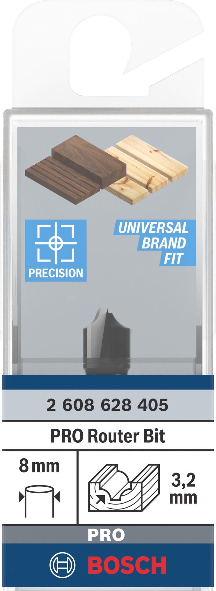 Broca fresadora para molduras PRO, R 3,2 x Ø 9,5, vástago de 8 mm