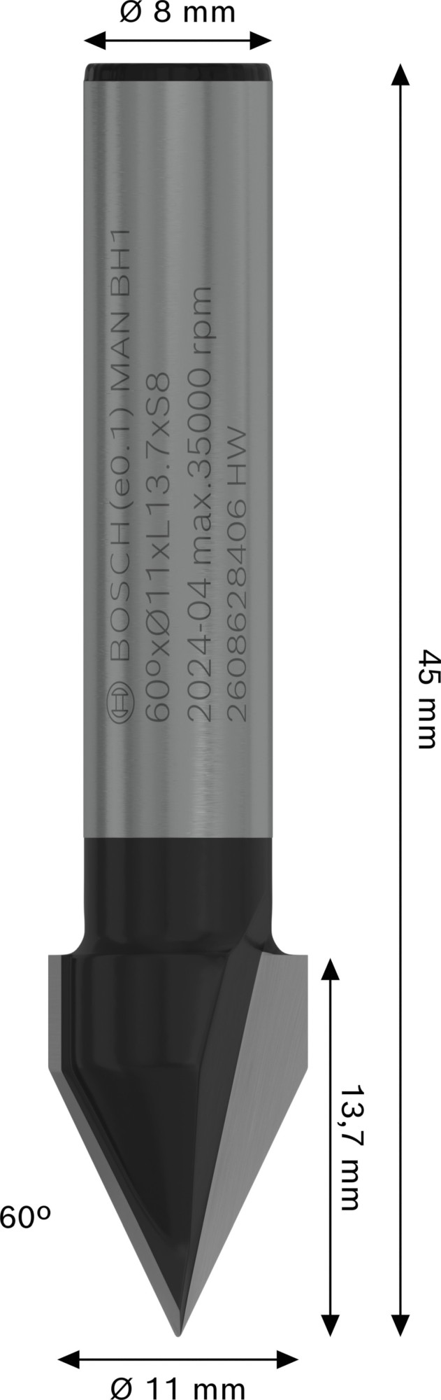 Broca fresadora PRO para ranuras en V, 60° x Ø 11, vástago de 8 mm