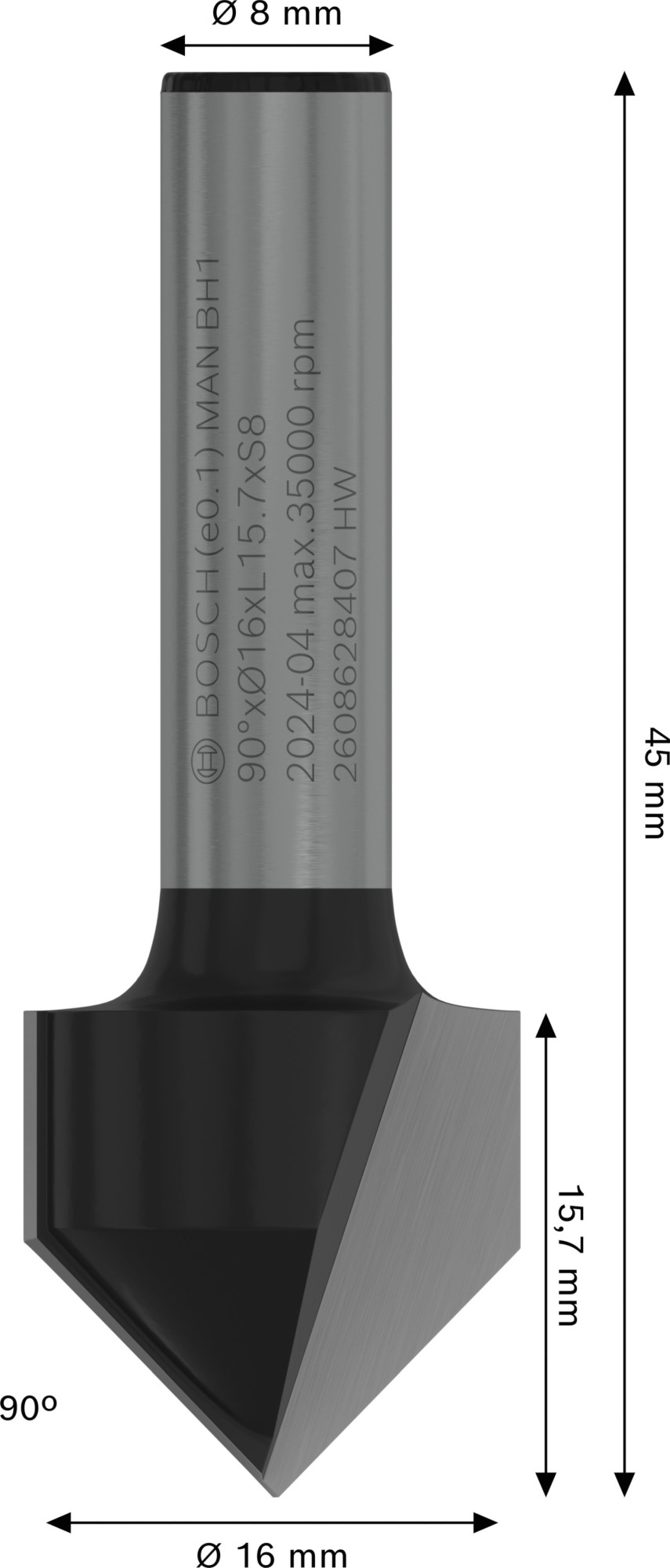 Broca fresadora PRO para ranuras en V, 90° x Ø 16, vástago de 8 mm