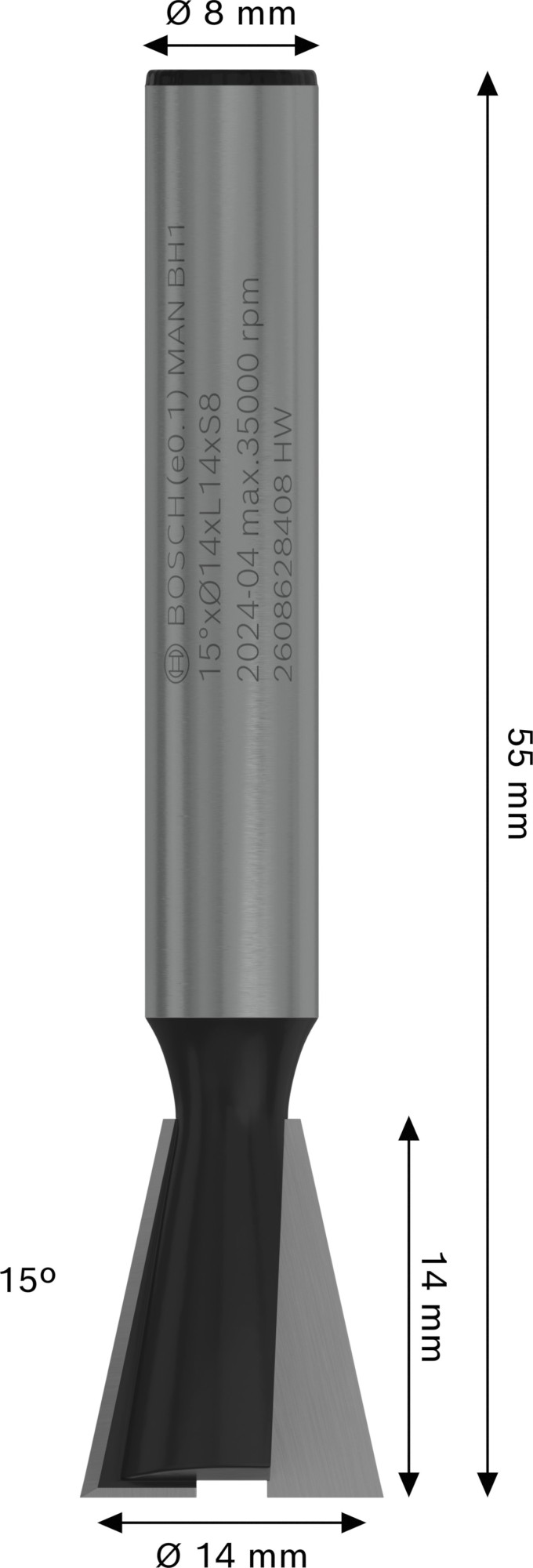 Broca fresadora para cola de milano PRO Router, 15°, vástago 8 mm