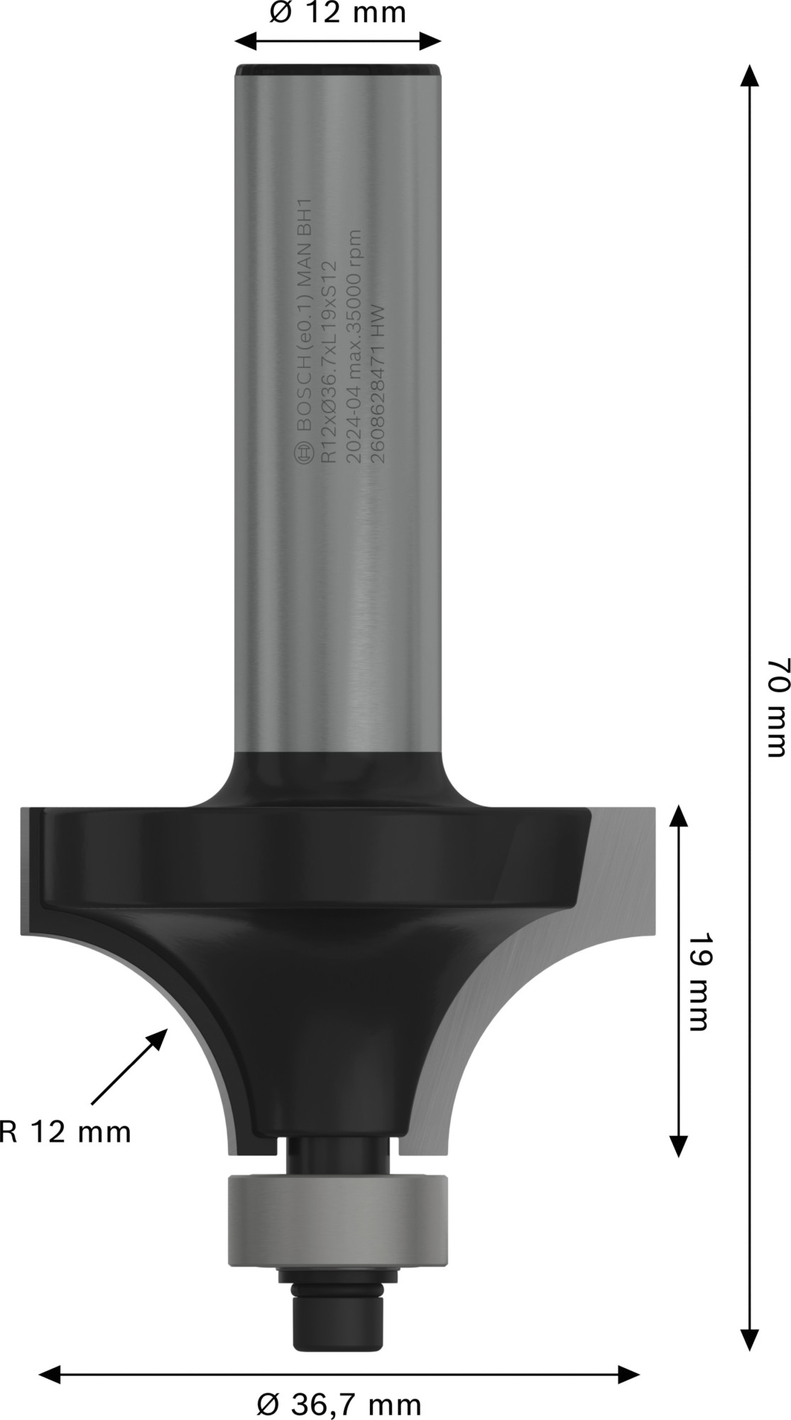 Broca fresadora para redondeo PRO, R 12, vástago de 12 mm