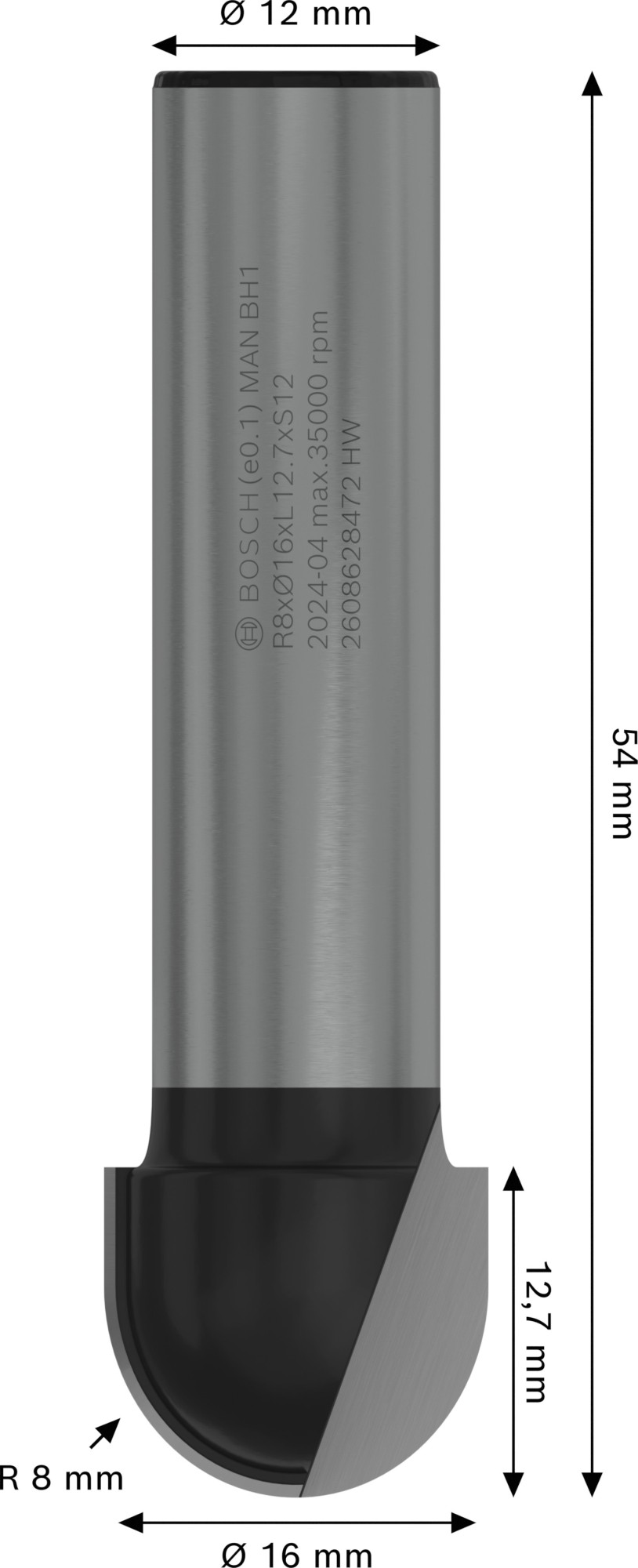 Broca fresadora PRO para molduras de media caña, R 8, vástago de 12 mm