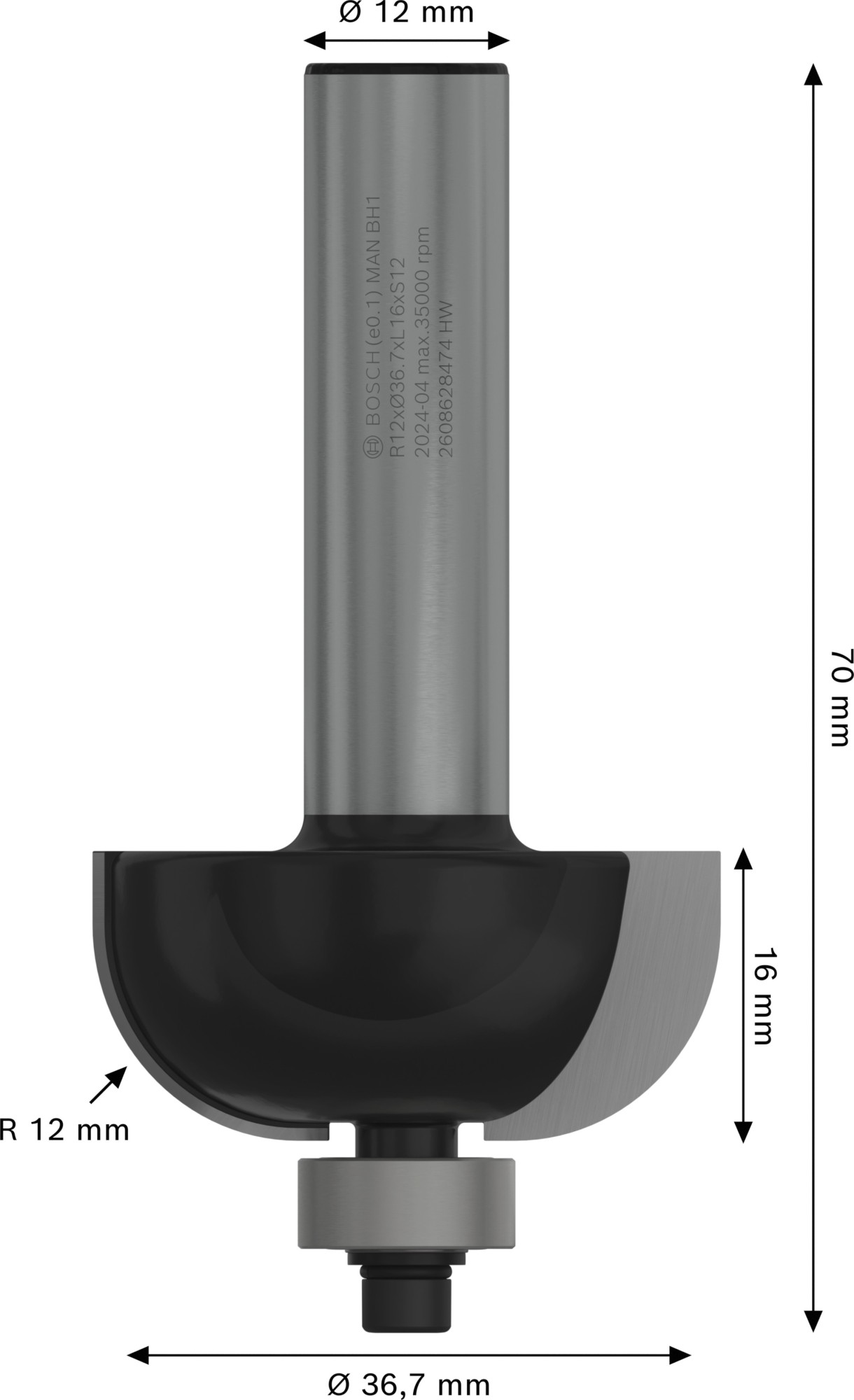 Broca fresadora PRO para moldura cóncava, R 12, vástago de 12 mm
