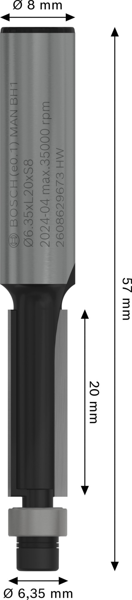 Broca fresadora de recorte al ras PRO con cojinete inferior, Ø 6,35 x L 20, vástago de 8 mm