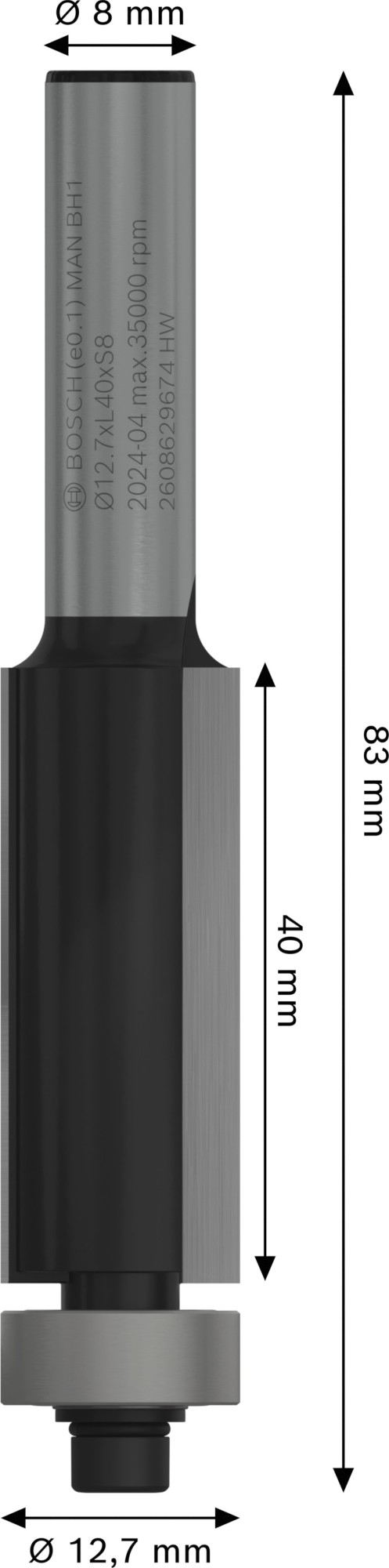 Broca fresadora de recorte al ras PRO con cojinete inferior, Ø 12,7 x L 40, vástago de 8 mm