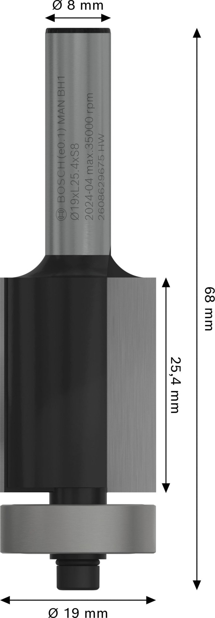 Broca fresadora de recorte al ras PRO con cojinete inferior, Ø 19 x L 25,4, vástago de 8 mm