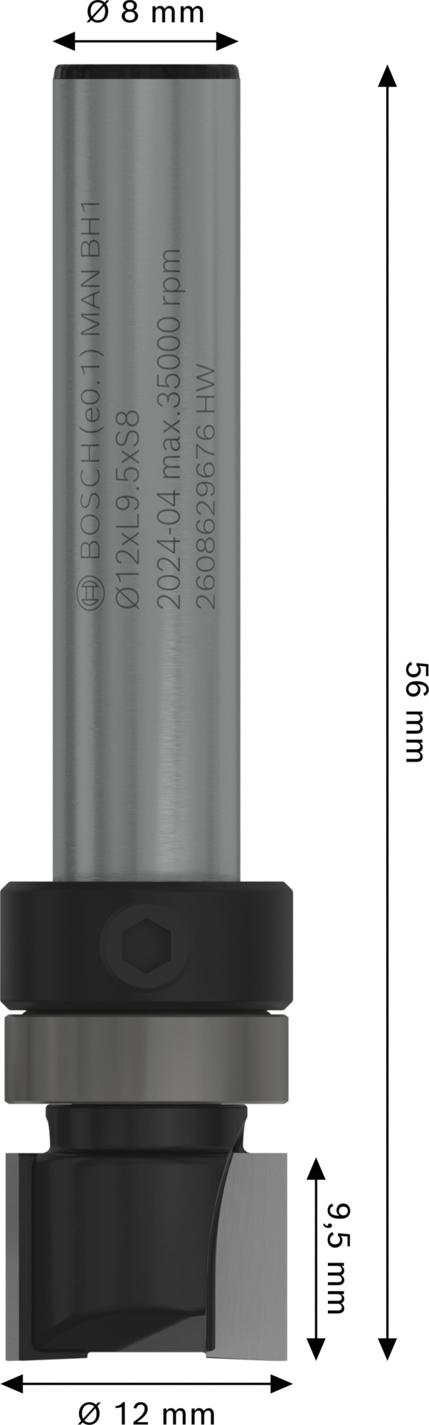 Broca fresadora de recorte al ras PRO con cojinete superior, Ø 12,7 x L 9,5, vástago de 8 mm