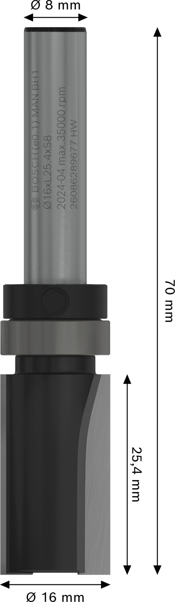 Broca fresadora de recorte al ras PRO con cojinete superior, Ø 16 x L 25,4, vástago de 8 mm