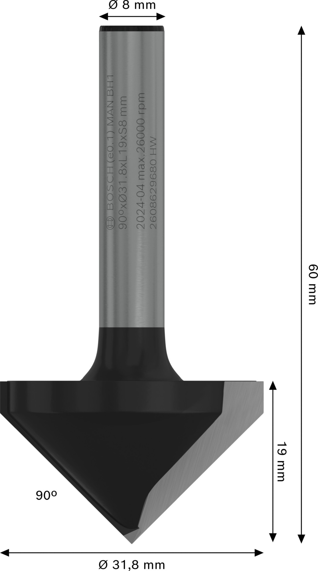 Broca fresadora PRO para ranuras en V, 90° x Ø 31,8, vástago de 8 mm