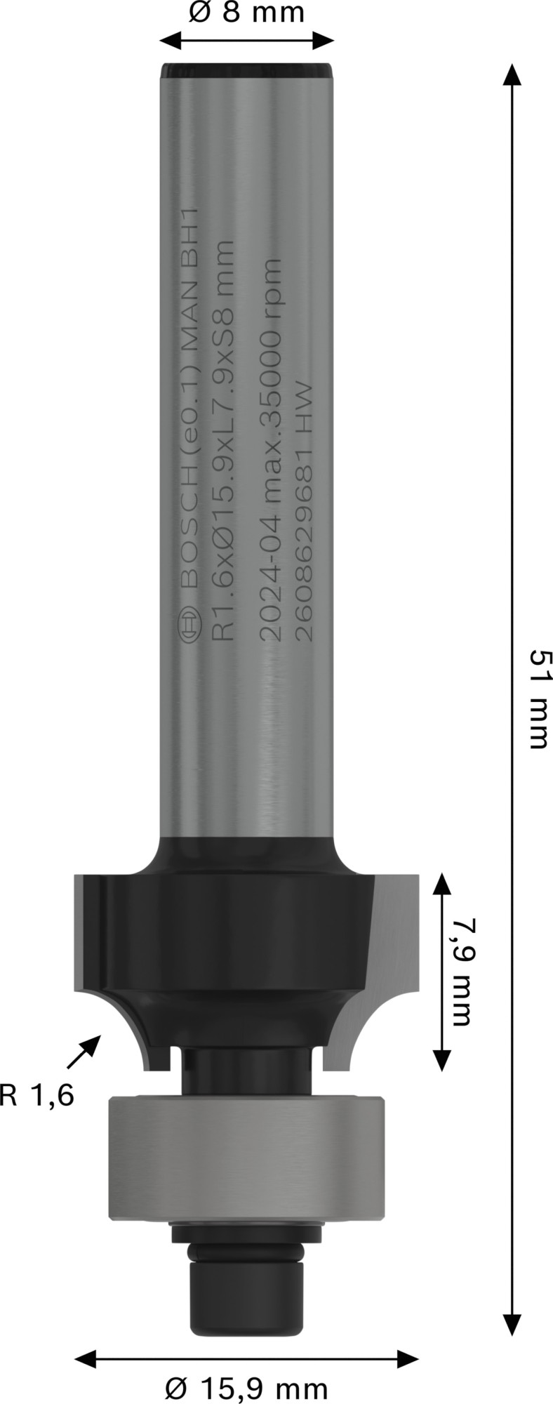 Broca fresadora para redondeo PRO, R 1,6, vástago de 8 mm