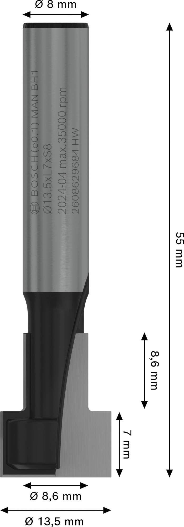 Broca fresadora PRO para bocallaves, Ø 13,5 x Ø 8,6, vástago de 8 mm