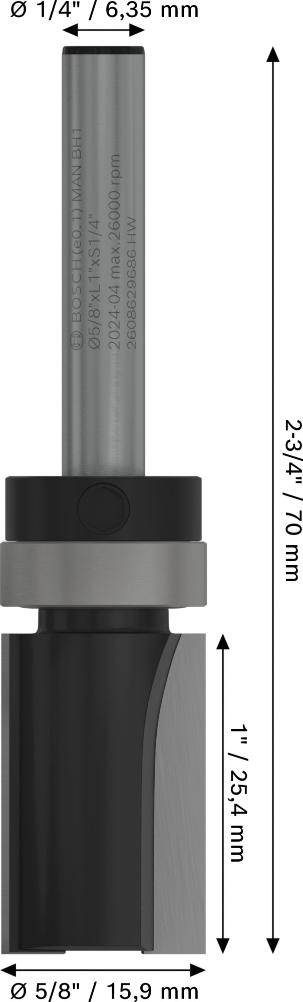 Broca fresadora de recorte al ras PRO con cojinete superior, Ø 5/8" x L 1", vástago de 1/4"