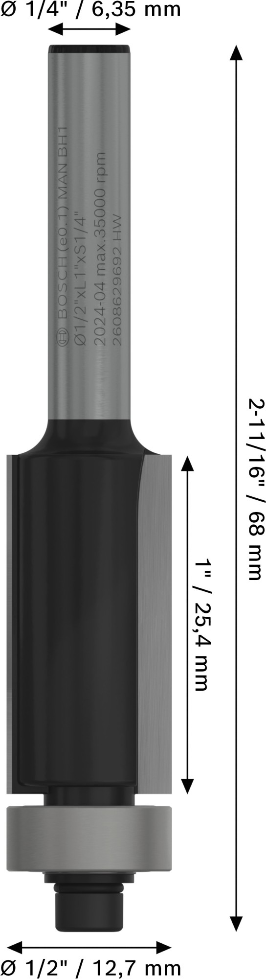Broca fresadora de recorte al ras PRO con cojinete inferior, Ø 1/2" x L 1", vástago de 1/4"