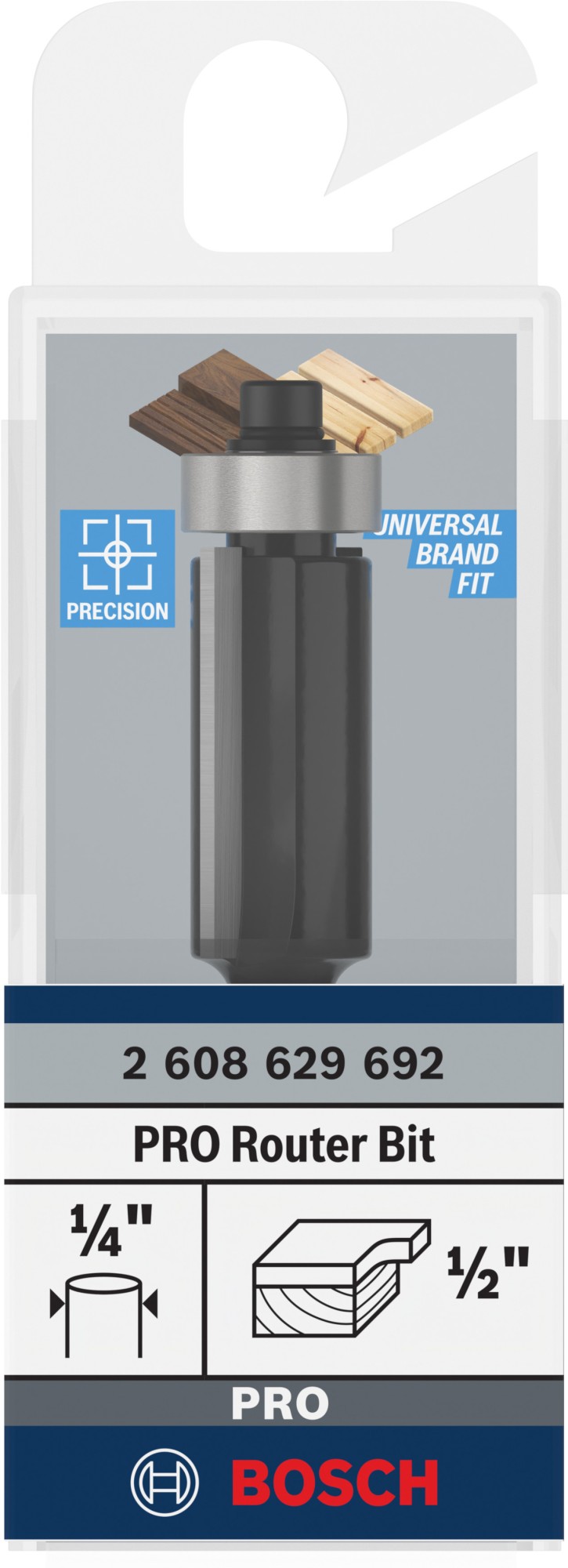 Broca fresadora de recorte al ras PRO con cojinete inferior, Ø 1/2" x L 1", vástago de 1/4"