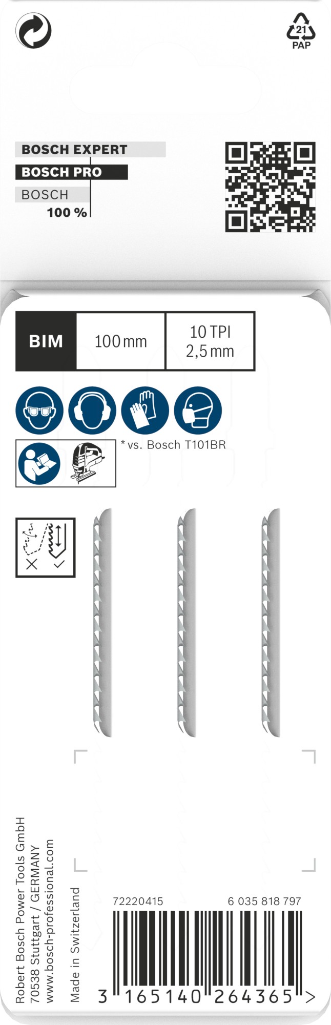 Hoja de sierra de calar PRO Hardwood clean reverse T101BRF, 100 mm, 3 uds.
