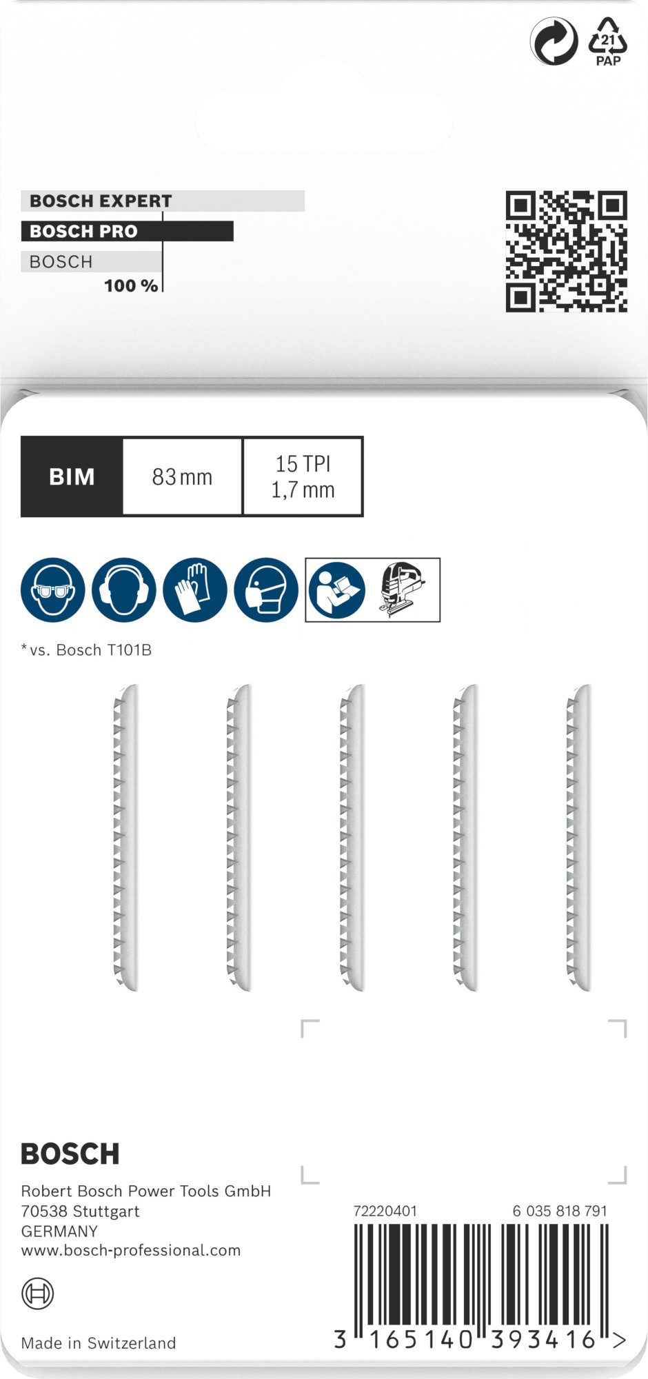 Hoja de sierra de calar PRO Laminate clean T101BIF, 83 mm, 5 uds.
