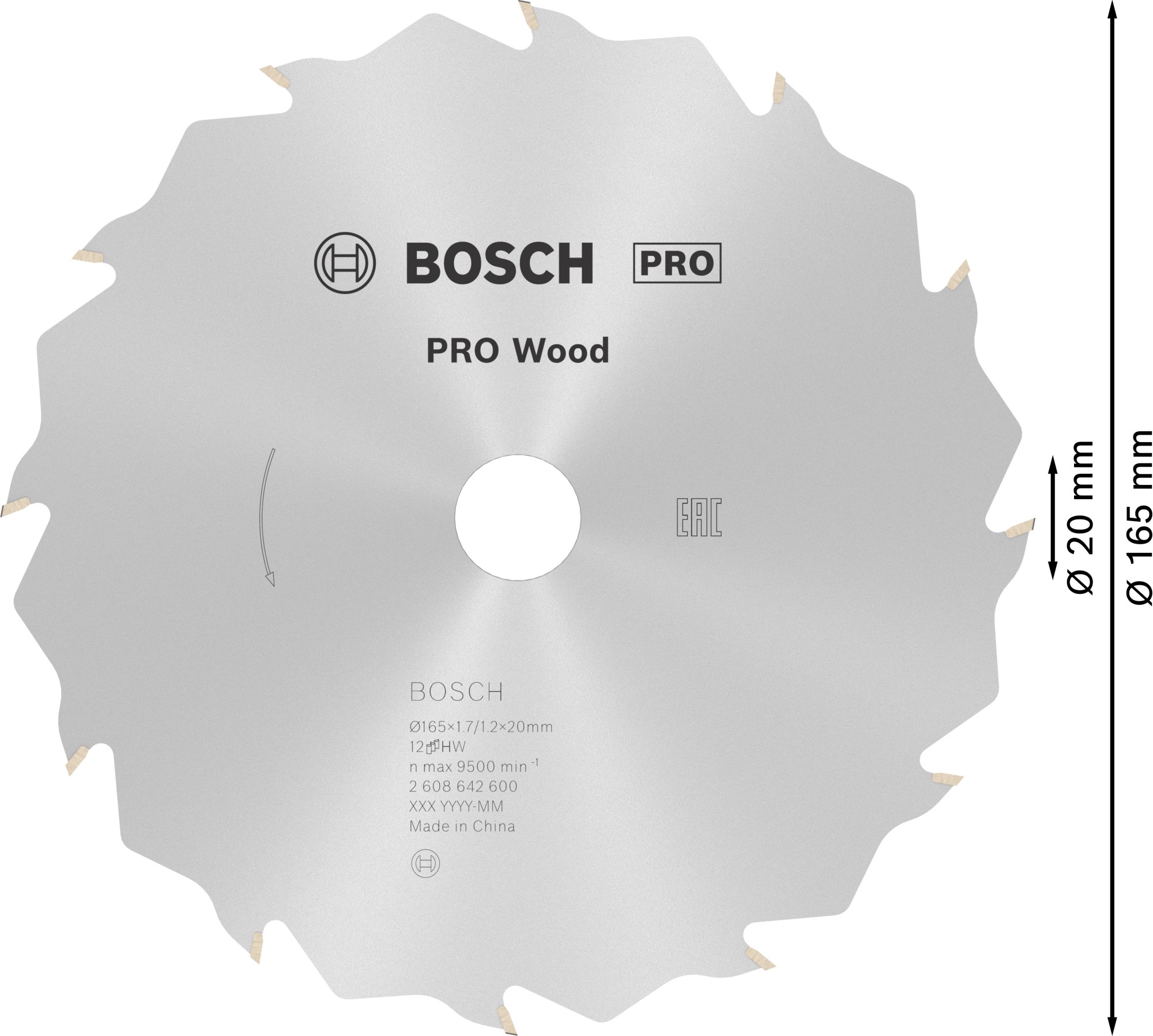 Hoja de sierra circular PRO Wood, 165 x 1,7 x 20 mm, T12