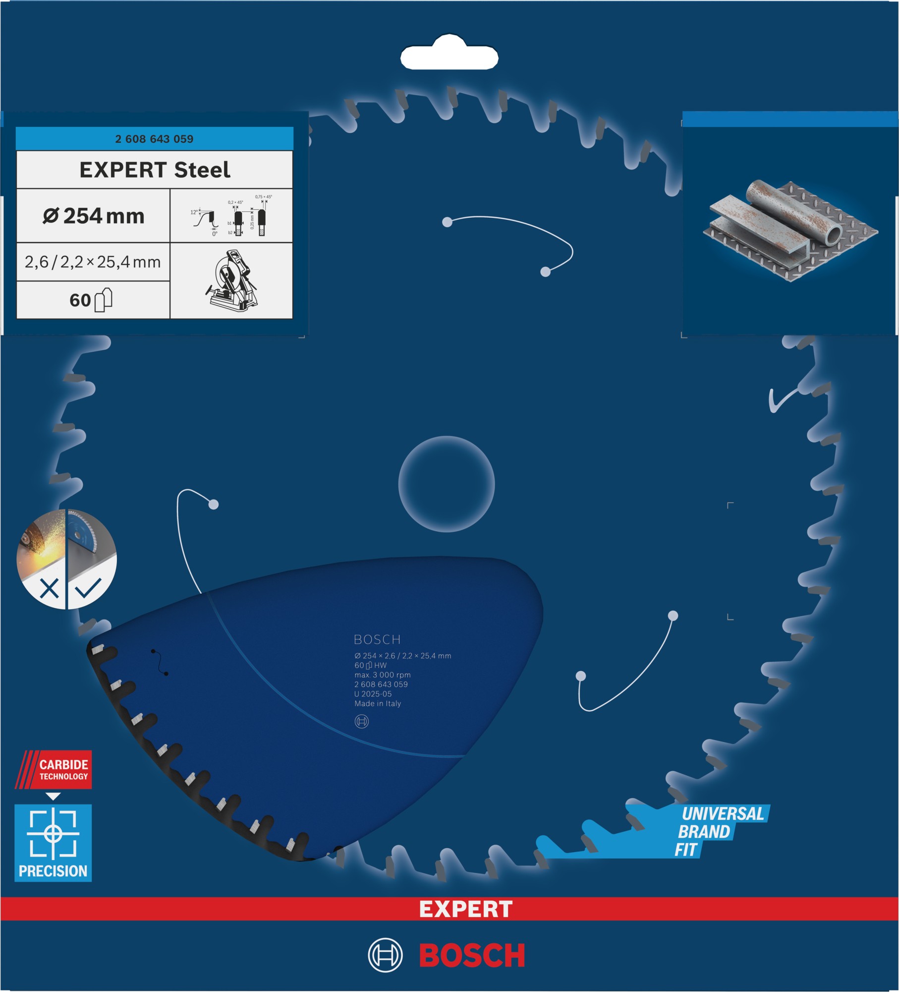 Hoja de sierra circular EXPERT Steel, 254 x 2,6/2,2 x 25,4 mm, T60