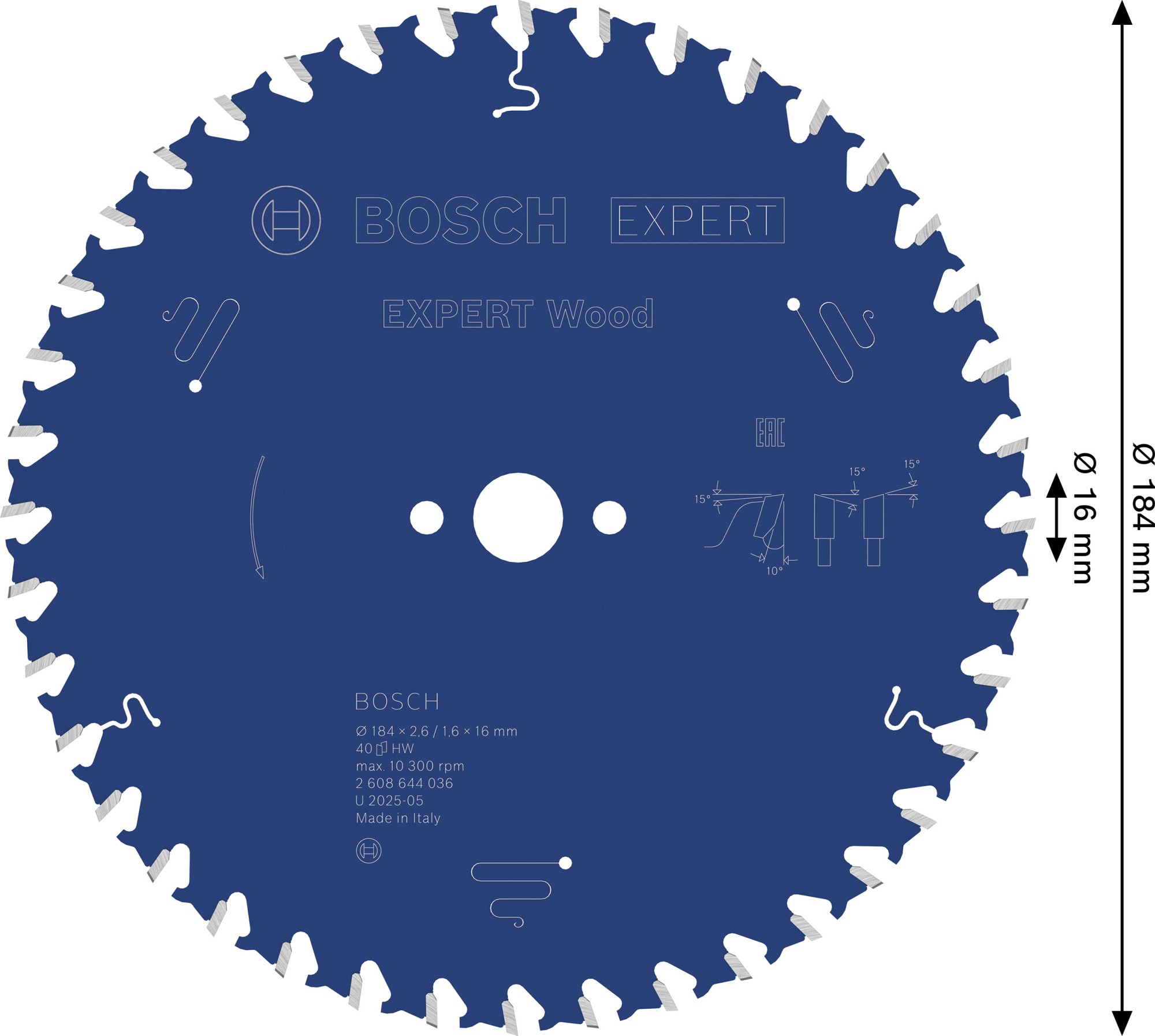 Hoja de sierra circular EXPERT Wood, 184 x 2,6/1,6 x 16 mm, T40
