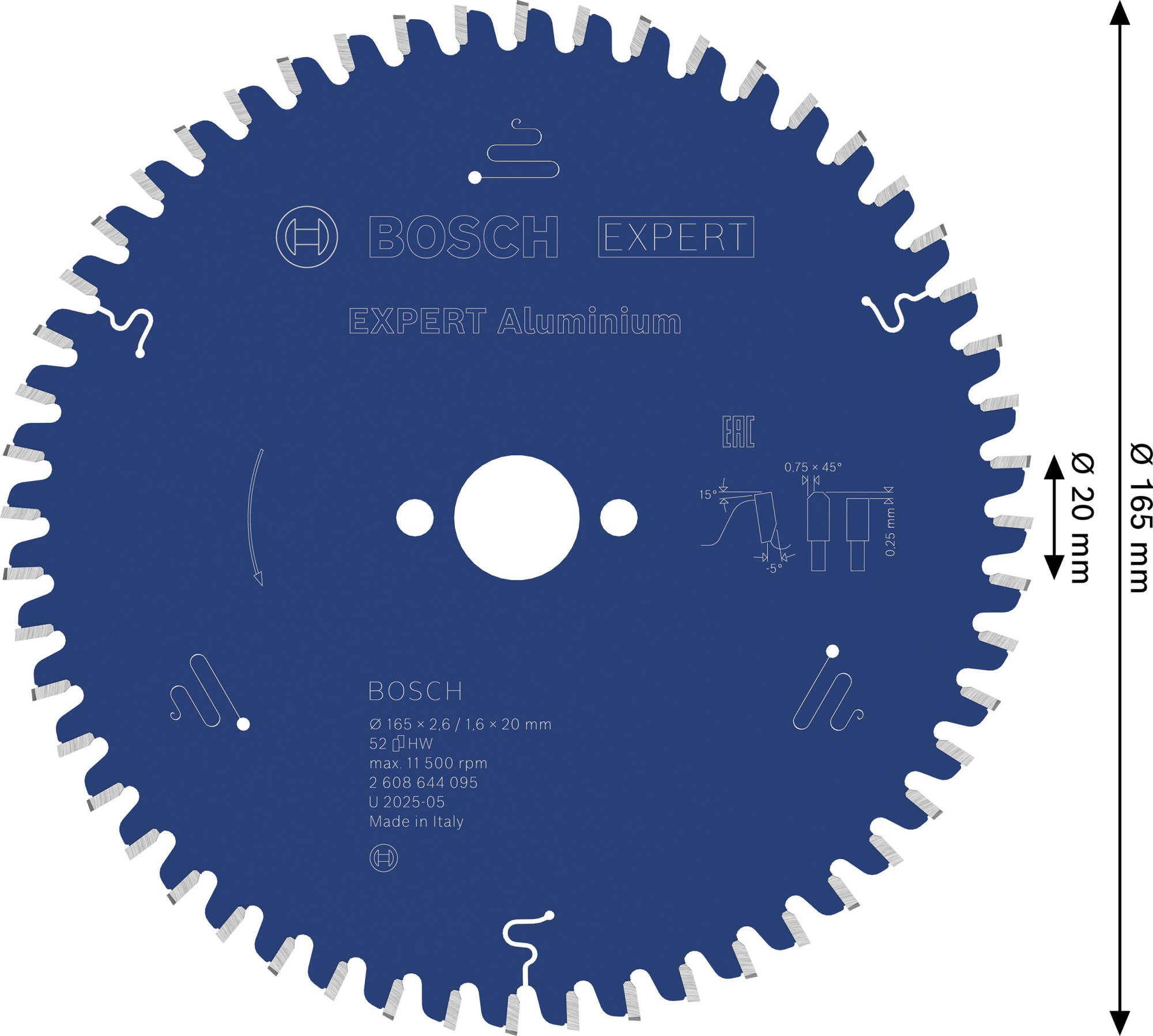 Hoja de sierra circular EXPERT Aluminium, 165 x 2,6/1,6 x 20 mm, T52