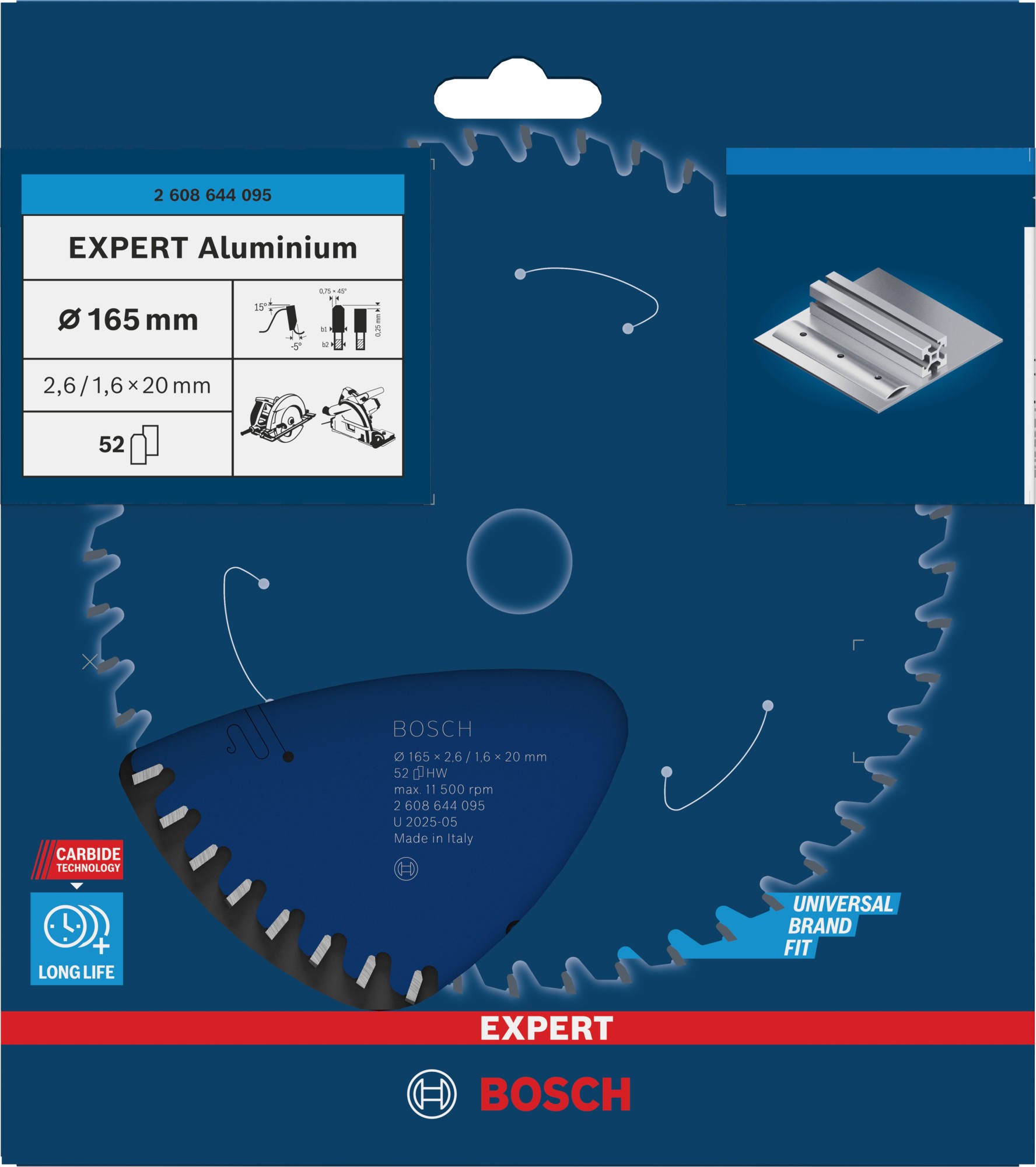 Hoja de sierra circular EXPERT Aluminium, 165 x 2,6/1,6 x 20 mm, T52