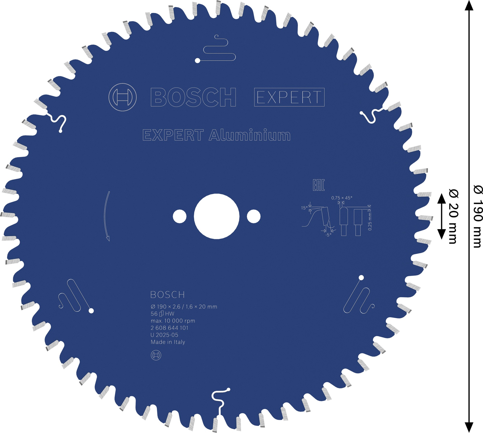 Hoja de sierra circular EXPERT Aluminium, 190 x 2,6/1,6 x 20 mm, T56
