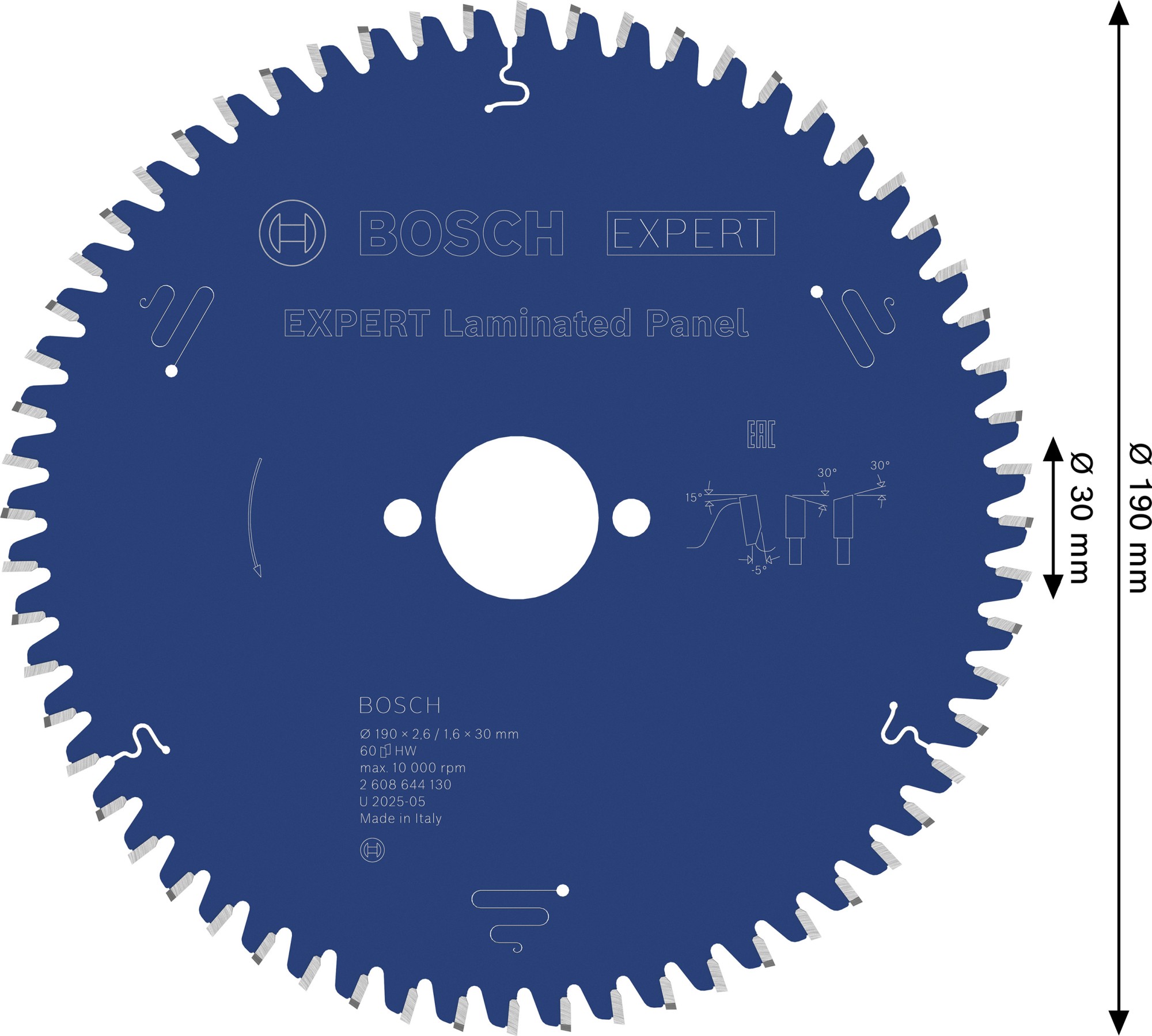 Hoja de sierra circular EXPERT Laminated Panel, 190 x 2,6/1,6 x 30 mm, T60